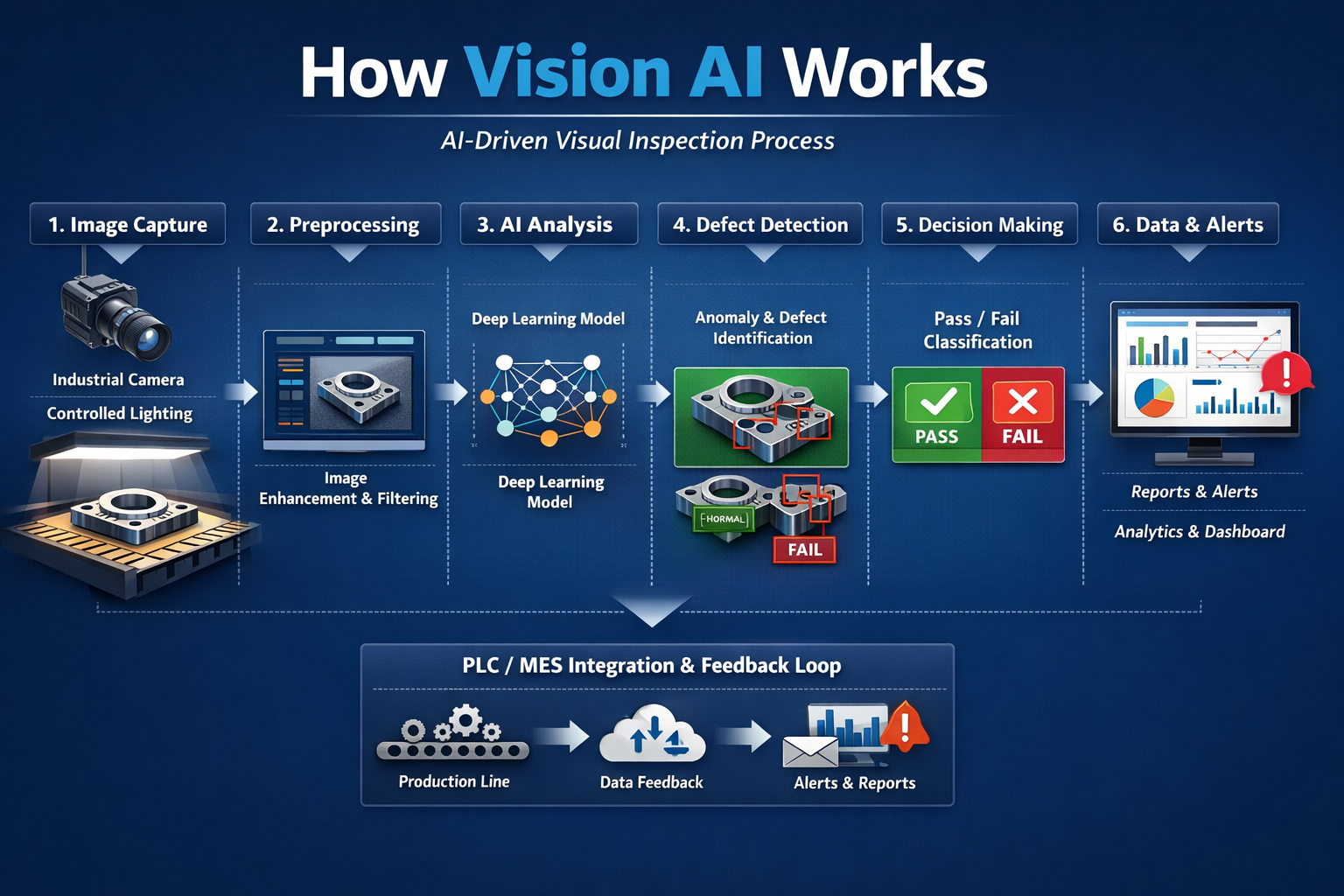 How Vision AI Works - AI-Driven Visual Inspection Process: Image Capture, Preprocessing, AI Analysis, Defect Detection, Decision Making, Data & Alerts, and PLC/MES Integration